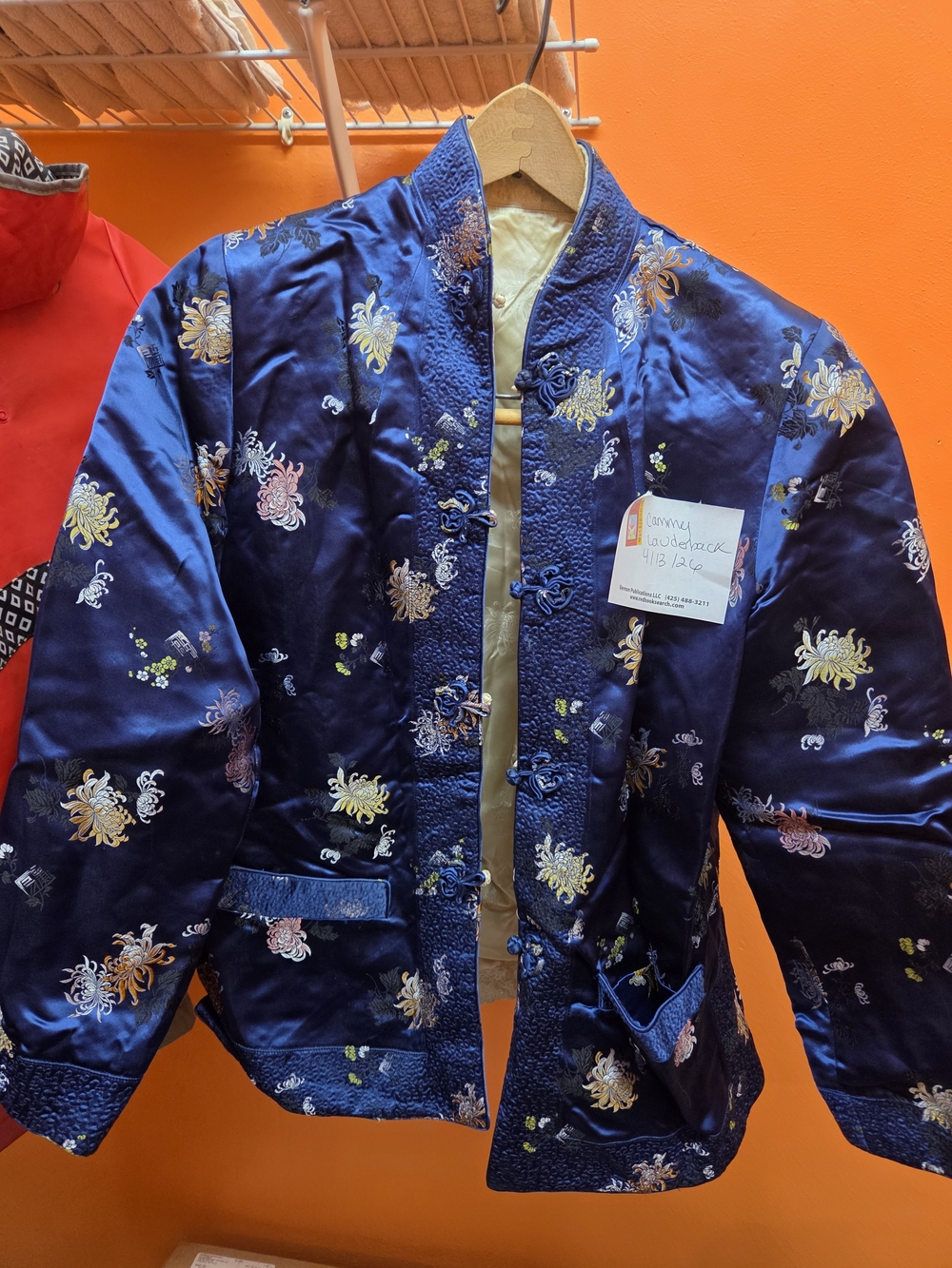 Embroidered Satin Mandarin Jacket - Navy Floral